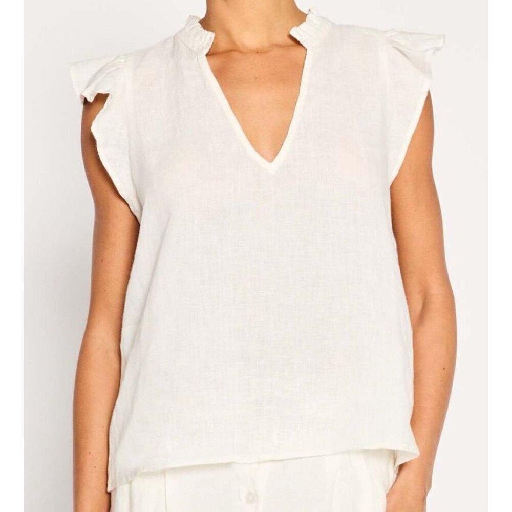 BROCHU WALKER woman’s Devan Sleeveless Linen Top White ruffles Size XS blouse